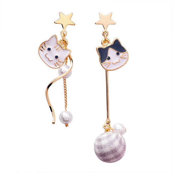 Cat Pearl Asymmetric Earrings Fabric Plaid Ball Drop Earrings