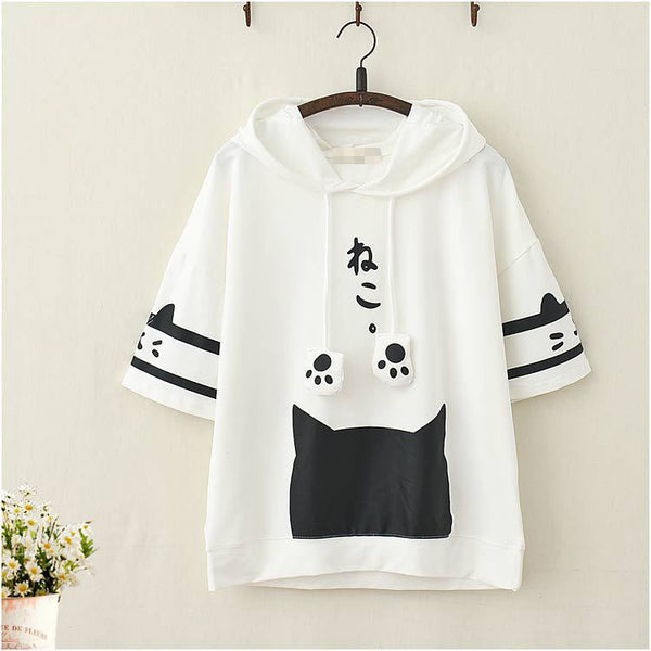 Cat Print Short-Sleeved Hooded T-Shirt