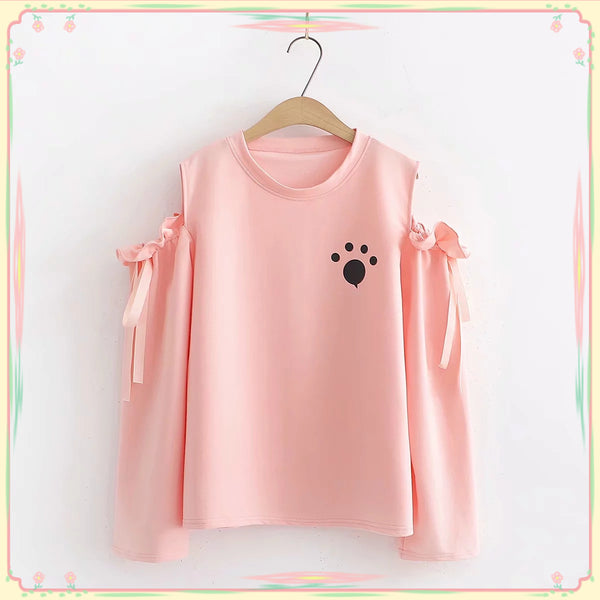 Cat Footprint Bow Strapless Sweatshirt