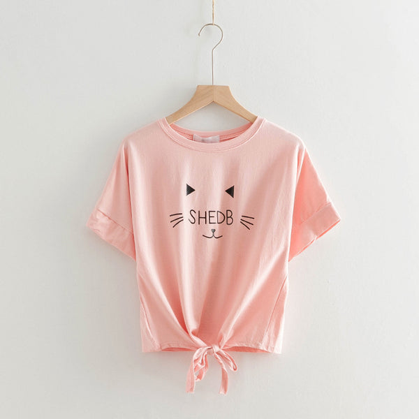 cat print knotted T-shirt