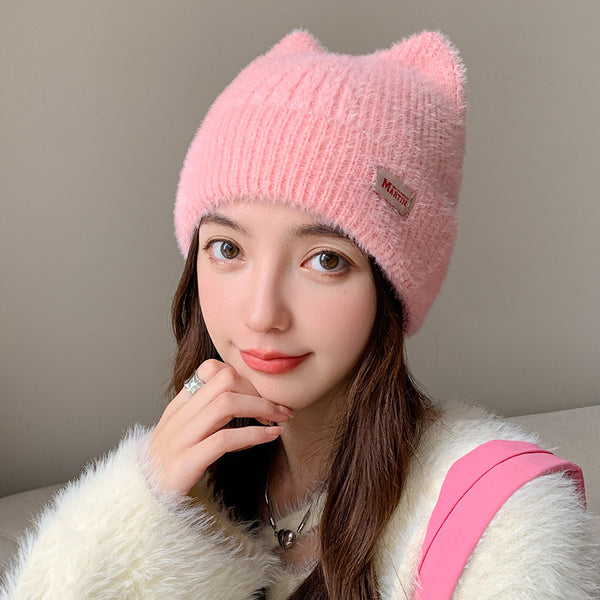 Winter Mink Cat Ears Plush Girl's Cap Warm Ear Protection Knitted Hat