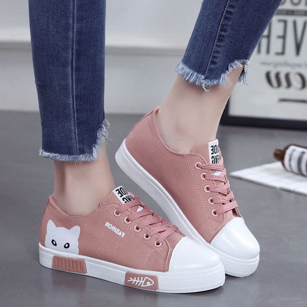Cat Canvas Sneakers, Women’s Casual Shoes, Flat Heel, Cute Fishbone Design
