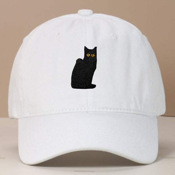 Sitting Black Cat Embroidered Baseball Cap Worn Looking Washed-out